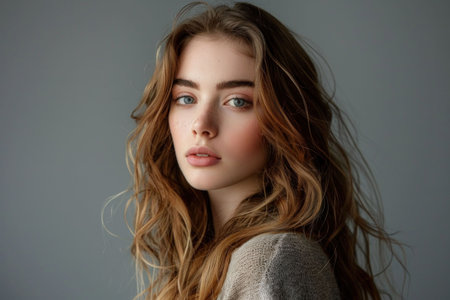 Beautiful young woman with long wavy hair posing in portrait on grey background for stock photo marketの素材