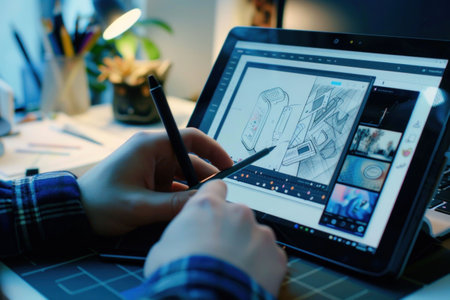 Digital Artist Drawing on Tablet Screen with Stylus Pen in Front of Them for Creative Work and Design Inspirationの素材