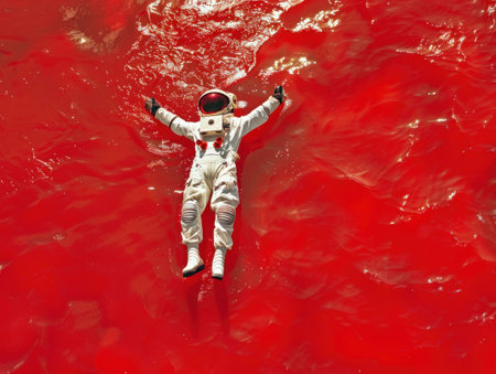 Astronaut in space suit floating in water with red blood on surface in dramatic and eerie sceneの素材