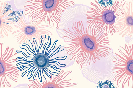 Seamless pattern with delicate pink and blue flowers on a neutral beige and white backgroundの素材