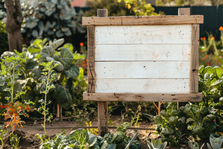 Beautiful Wooden Sign Surrounded by Lush Garden Plants and Flowers in Bloomの素材