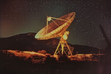 Desolate satellite dish under starry night sky in the desert wilderness landscape, vintage technology conceptの素材