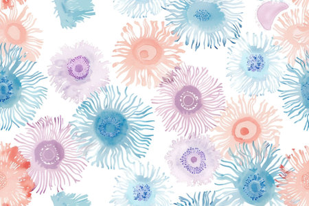 Watercolor Floral Seamless Pattern with Blue, Pink, and Purple Flowers on White Backgroundの素材