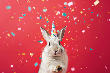 Festive Rabbit Celebration with Party Hat in Red Background and Falling Confettiの素材