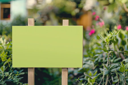 Rustic wooden post with green sign surrounded by blooming flowers in a garden settingの素材