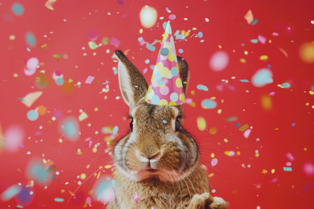 Celebrating Bunny Festive Rabbit Wearing Party Hat with Falling Confetti on Red Backgroundの素材
