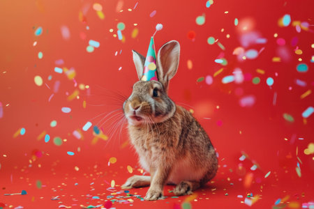 Festive rabbit wearing a party hat surrounded by confetti on a vibrant red backgroundの素材