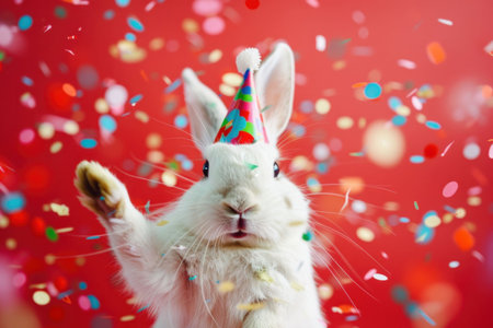 Cute white rabbit wearing a colorful party hat surrounded by confetti on a vibrant red backgroundの素材