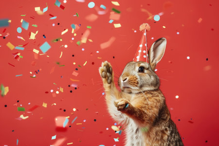 Happy Birthday Bunny Celebrating with Confetti on Red Backgroundの素材