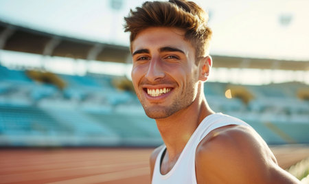 Smiling young man standing on running track in front of stadium on a sunny dayの素材