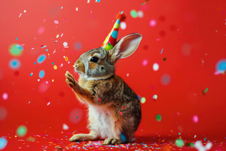 Cute rabbit in party hat surrounded by confetti on red background, celebrating joy and happinessの素材