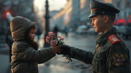 Soldier presenting bouquet of flowers to young girl in front of historic buildingの素材