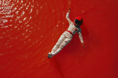 Astronaut floating in a pool of red liquid, with feet in the air, in a surreal space sceneの素材