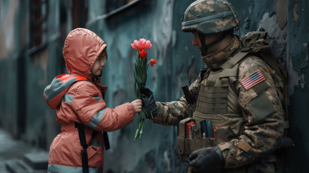 A Heartfelt Gesture Young girl offering a flower to a soldier in a touching moment of gratitude and respectの素材
