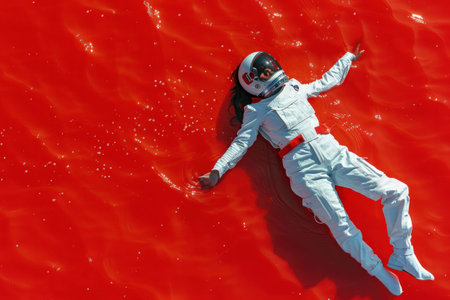 Astronaut woman in suit floating in vibrant red liquid with water splashing around her in space simulation experimentの素材