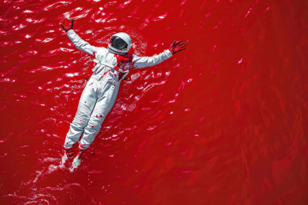 Spaceman floating in red liquid pool with arms raised up in futuristic space exploration simulation experimentの素材