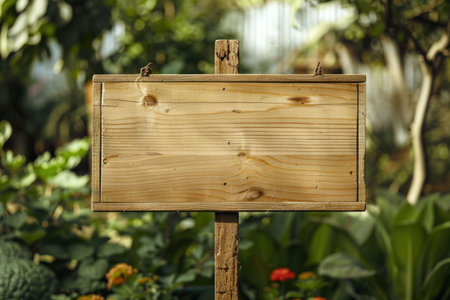 Rustic wooden sign surrounded by garden flowers and trees in the backgroundの素材