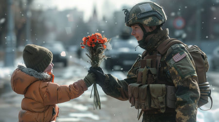 Kindhearted soldier presenting a flower to a young girl on the street next to a parked carの素材