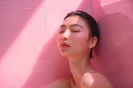 Relaxing Asian woman in a pink bathtub with closed eyes against a soft pink backgroundの素材