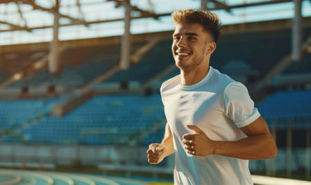 Vibrant Morning Run in Outdoor Stadium Young Man Jogging on Track in the Glowing Sunlightの素材