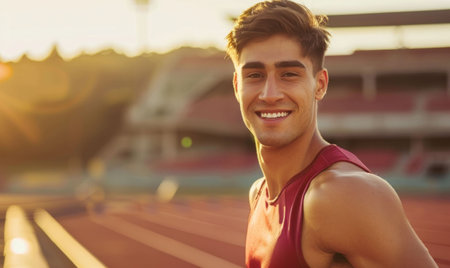 Smiling young man standing on running track at stadium during sunset, looking happy and motivatedの素材