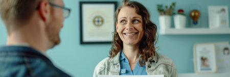 Smiling woman talking to man in front of blue background in a friendly conversationの素材