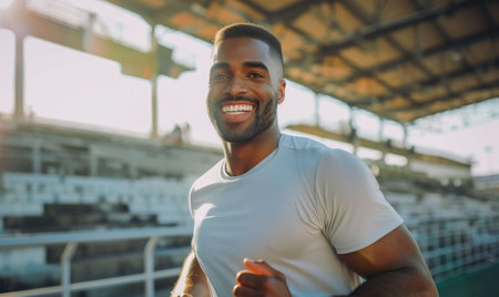 Happy African American man jogging in bright sunshine at the stadium on a sunny dayの素材