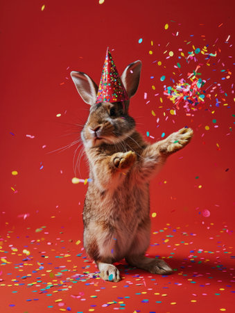 Festive rabbit with party hat on red background surrounded by confetti in the air Celebration of Joyful Momentsの素材