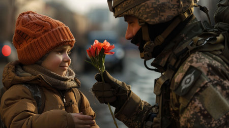 Soldier presenting flower to young boy on city street in front of building as gesture of kindness and compassionの素材