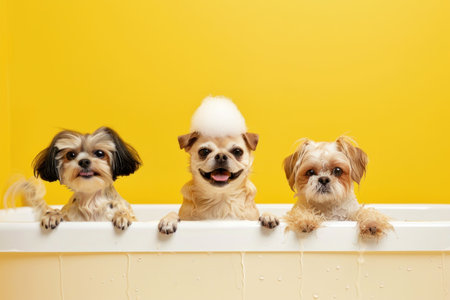 Three cute small dogs sitting in a bathtub covered in white foam, enjoying a bath time togetherの素材