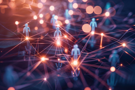 Diverse Group of People Standing in Front of Illuminated Network of Lights and Glowing Figures in Backgroundの素材