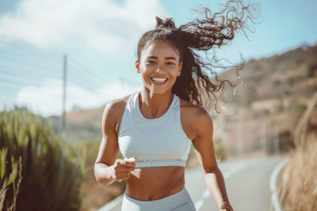 Happy woman enjoying a run in the wind with a smile on a rural road under the bright sunlightの素材