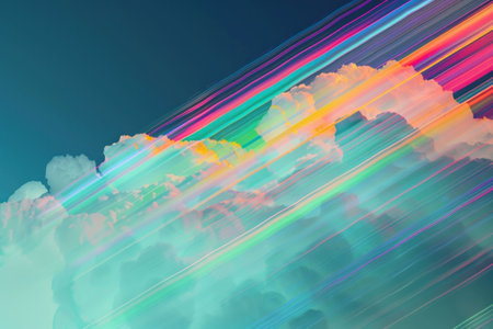 Spectacular Overhead View of Colorful Rainbow Lines Crossing Through Cloudy Skyの素材