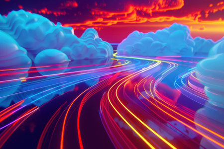 Dramatic Sky with Neon Lights and Misty Road Leading into the Horizonの素材