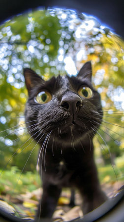 Closeup portrait of a black cat looking at the camera through a fisheye lensの素材