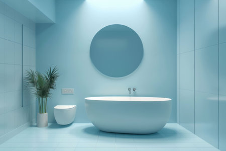 Bright and Airy Blue Bathroom Decor with Round Mirror, Toilet, and Potted Plant in Cornerの素材