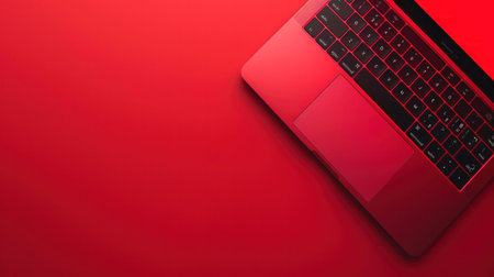 Top view of a sleek red laptop on matching background, perfect for modern technology and digital lifestyle conceptsの素材