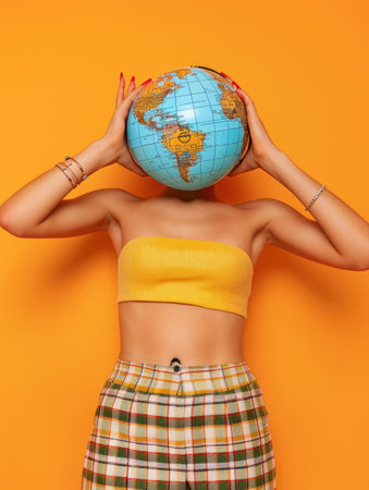 Stylish woman with globe covering head in yellow top and plaid skirt on orange backgroundの素材