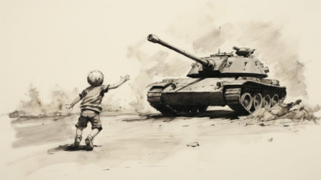 A curious young boy reaching out to touch a military tank in a black and white illustrationの素材
