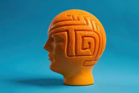 Mazepatterned orange sculpture of mans head as a unique artwork in travel destination galleryの素材