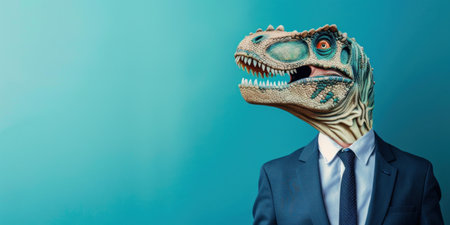 Dapper businessman with dinosaur head in quirky and playful fashion statement for art and travelthemed photoshootの素材
