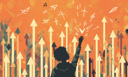 Journey of discovery person reaching for arrow in vibrant orange background with many arrowsの素材
