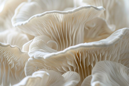 Closeup of white mushrooms on tablecloth in nature setting for relaxing and meditative artistic photography conceptの素材