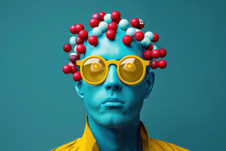 Traveler with colorful balls on head in yellow shirt and sunglasses enjoying vacation adventure in the sunの素材