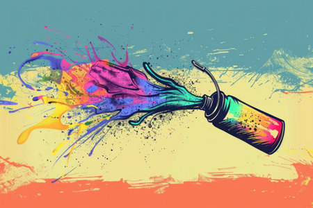 Vibrant colorful paint splatter on colorful background with paint can and splatter for artistic creativity conceptの素材