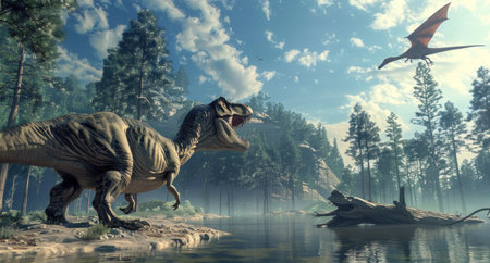 Dinosaurs roaming in lush forest with water and bird flying in background prehistoric adventure trip with nature beauty and wildlifeの素材