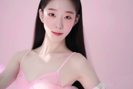 Asian woman in pink tutu dress posing in front of pink background for fashionable photoshootの素材