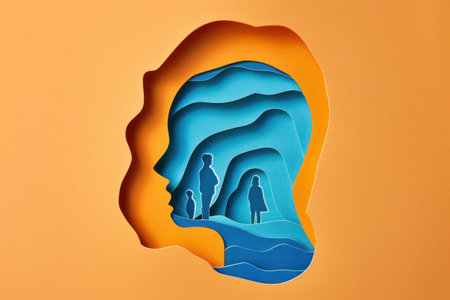 Romantic couple silhouette standing against vibrant orange and blue background for travel and lifestyle conceptの素材