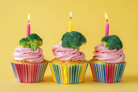 Celebratory cupcakes with broccoli and pink frosting for unique culinary experience on yellow backgroundの素材
