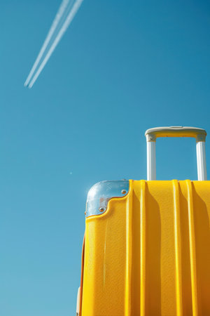 Travel in style a vibrant yellow suitcase with an airplane flying in the blue skyの素材